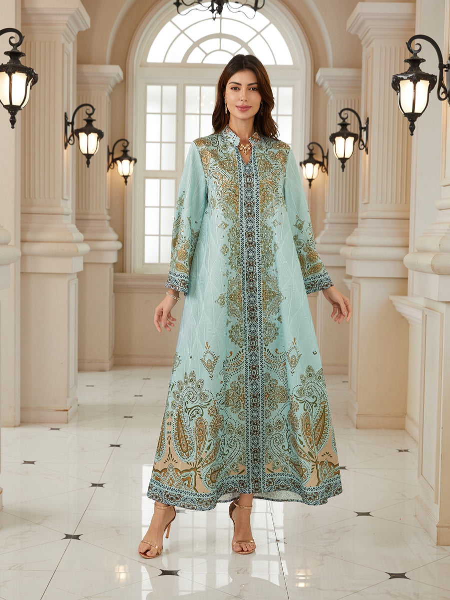 Hotfix Rhinestones Jacuqard Printed Caftan Kaftan Dress For Women - Mukhawar Jalabiya Eid Dress - Green - #26N09