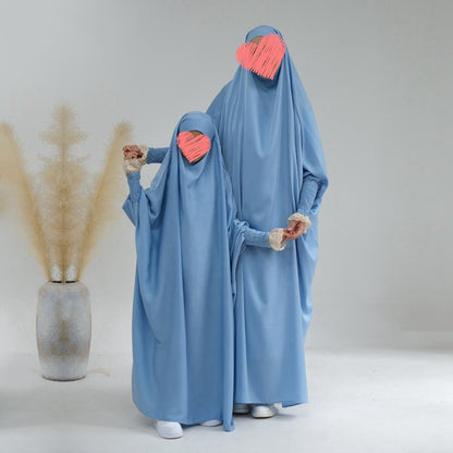 Muslim Women Mother And Daughter Girl Matching Satin Prayer Dress Overhead Jilbab Robe