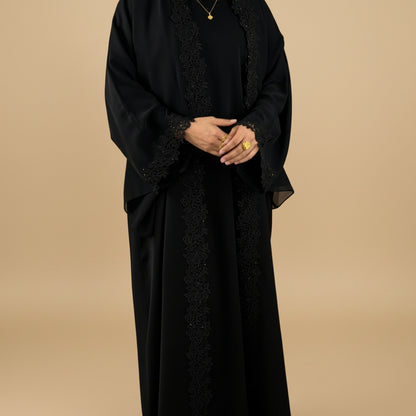 3 Pieces Set Lace Open Abaya Dress - With Inner Sleeveless Abaya Dress And A Matching Hijab - #261191