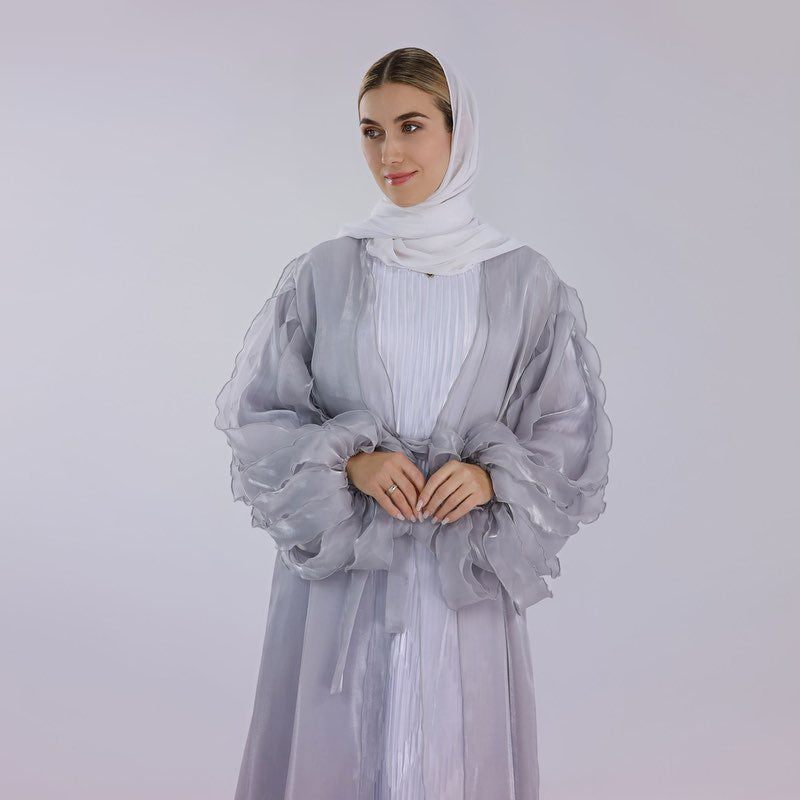 Petal Puff Sleeve Satin Cardigan Open Abaya Dress Muslim Women