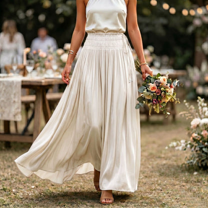 Silk Feeling Glossy Solid Color Maxi Skirt #26906