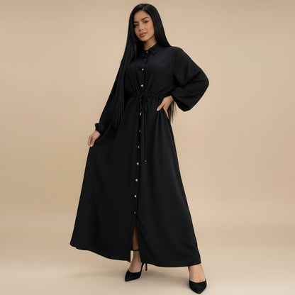 Muslim Women Button Up Abaya Dress With Stand Collar #266289