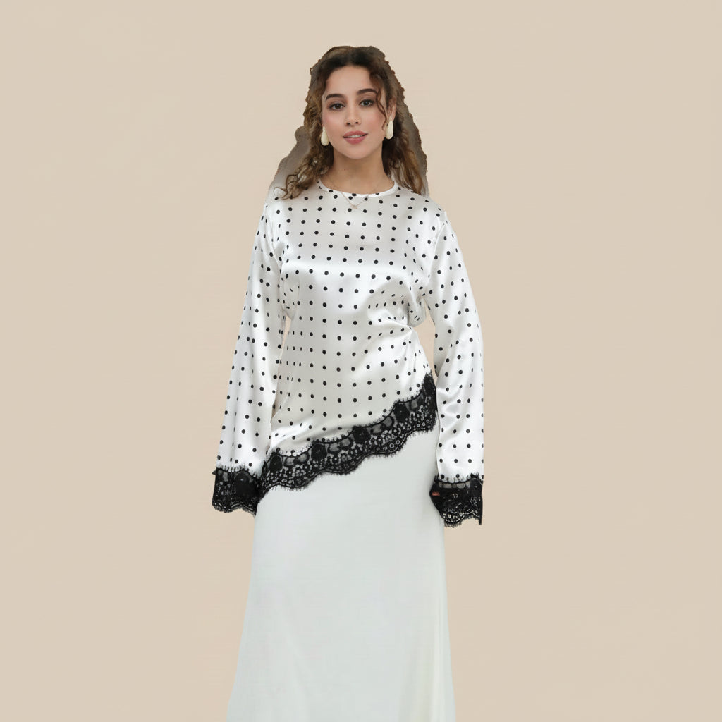 Muslim Women Polka Dot Printed Lace Tops And Pant #261357