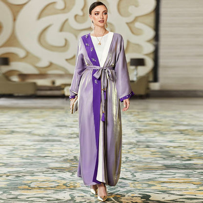 Hand-stitched Rhinestone Purple Cardigan Open Abaya Dress