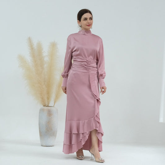 2 Pieces Muslim Women Satin Tops Skirt Suit Abaya Set