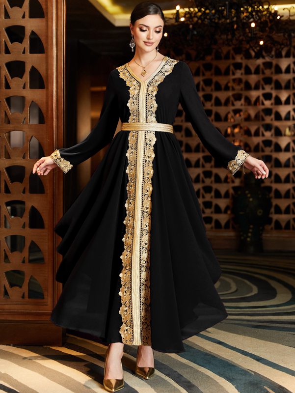 Arab Double Layers Chiffon Lace Embroidered Women Caftan Kaftan Dress