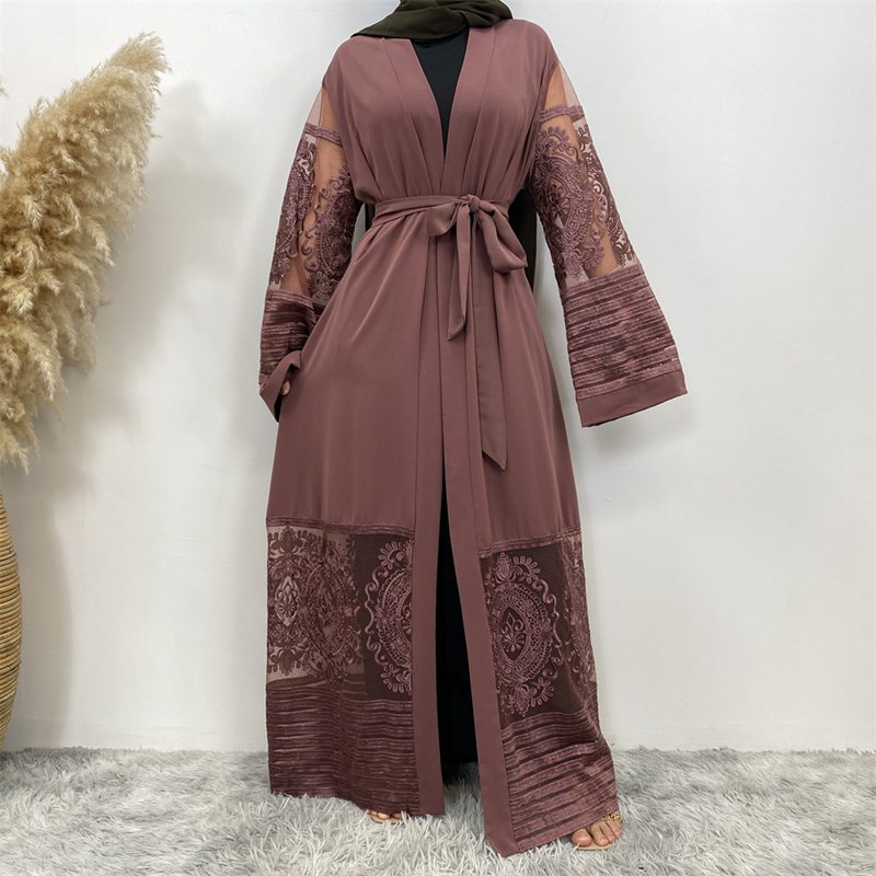 Muslim Women Mesh Embroidery Cardigan Open Abaya Dress