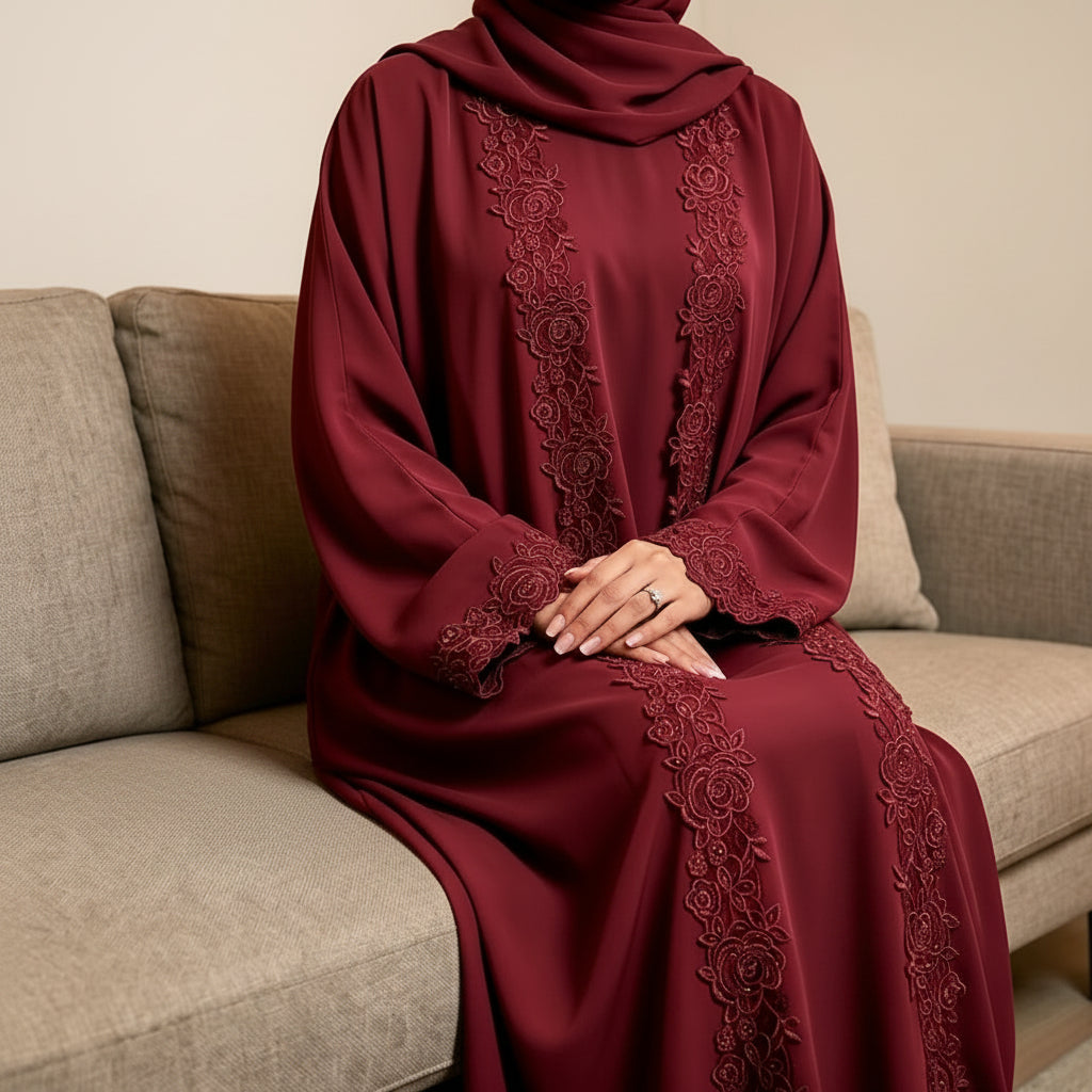 3 Pieces Set Lace Open Abaya Dress - With Inner Sleeveless Abaya Dress And A Matching Hijab - #261191
