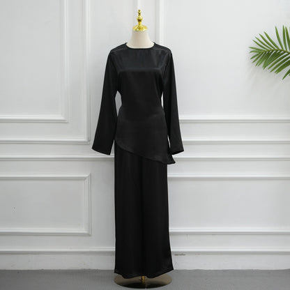 Muslim Women Daily Wear Satin 2 Pieces Tops And Pants Suit Set #261342