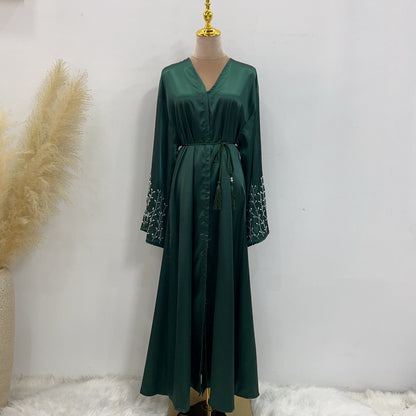 Cotton-Blended Hand Beading Muslim Women Open Abaya Dress