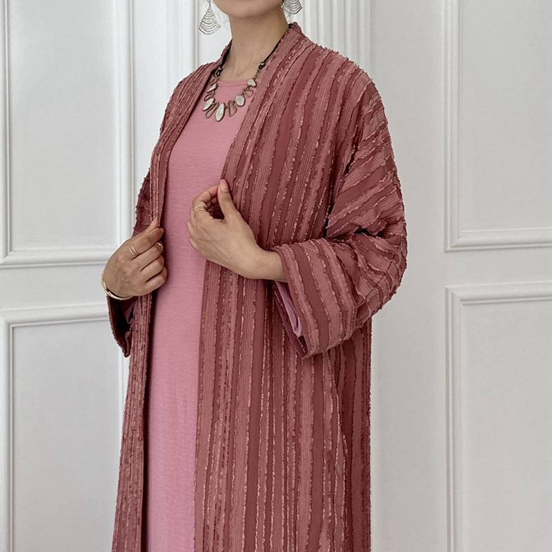 Muslim Women Stripe Cardigan Open Abaya Dress With Hijab Scarf And Pocket