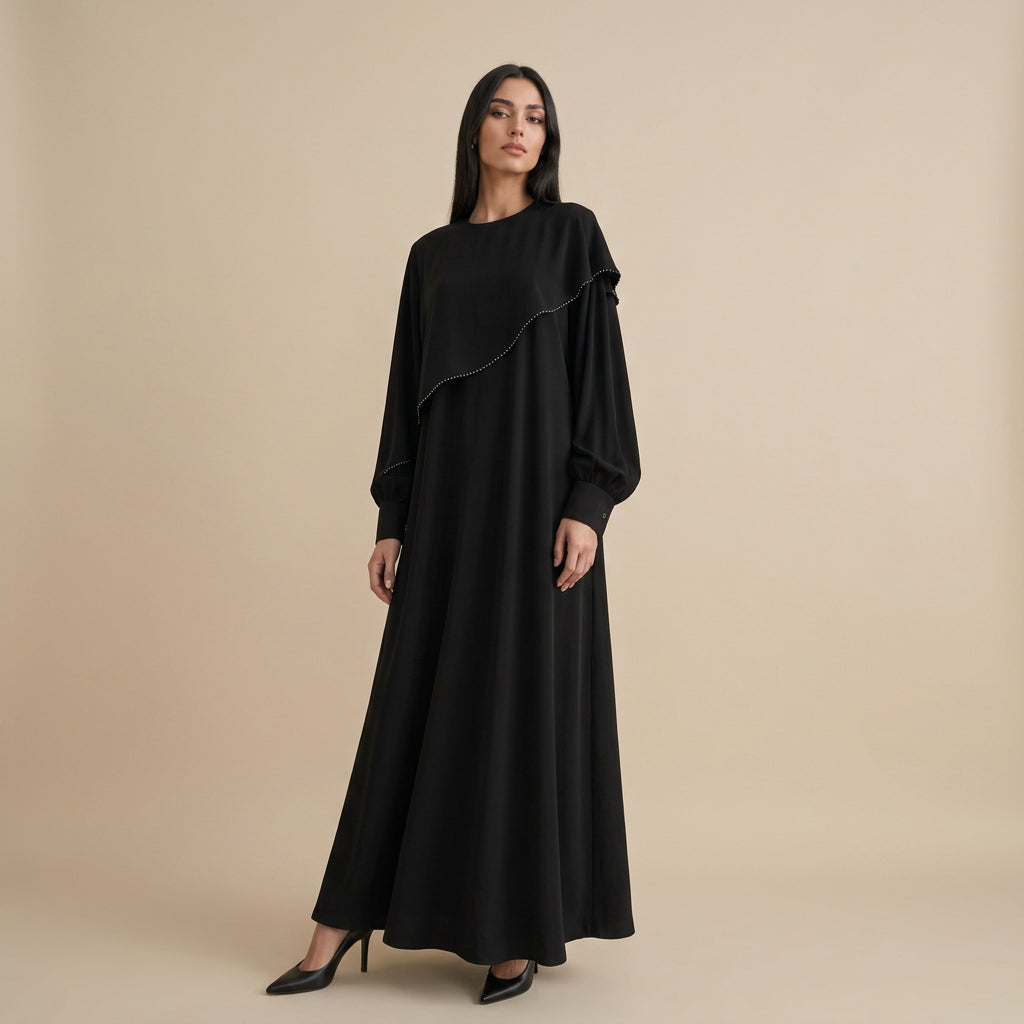 Muslim Women Beads Ruffle Nida Abaya Dress #261273
