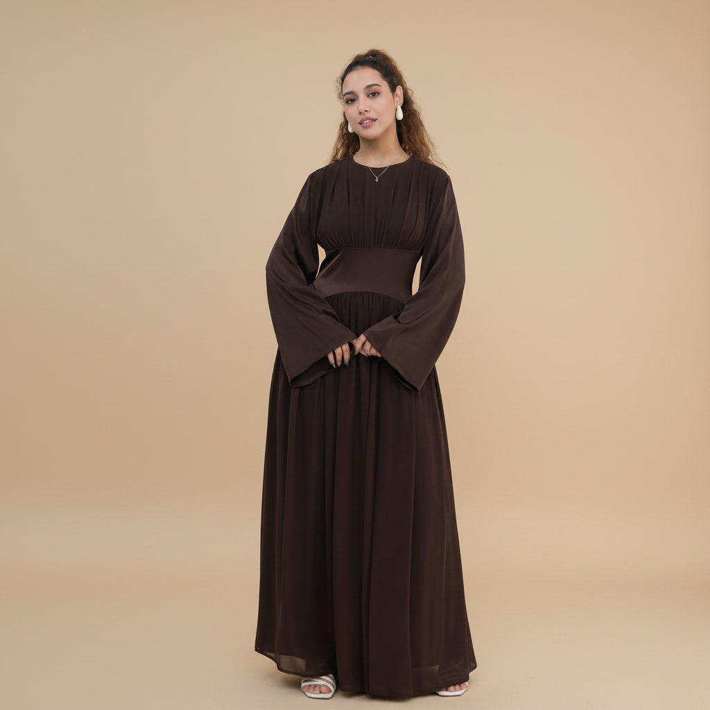 Muslim Women Double-layer Chiffon Waist Abaya Dress #261330