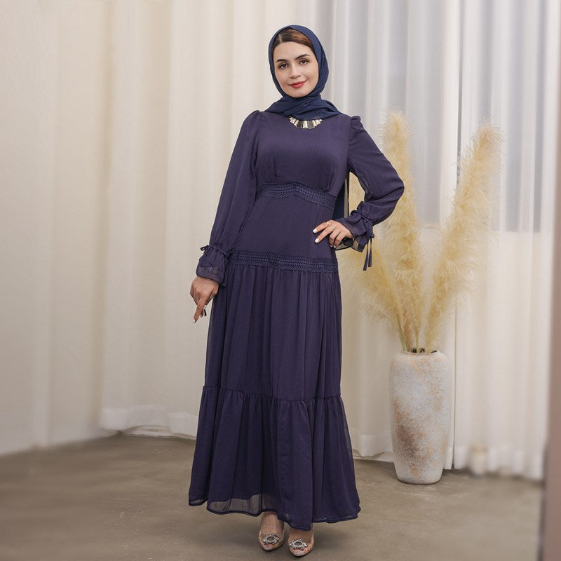 Muslim Women Crepe Chiffon Lace Abaya Dress