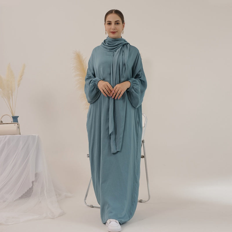 13 Color Options Solid Color Abaya Dress With Hijab Scarf One Piece