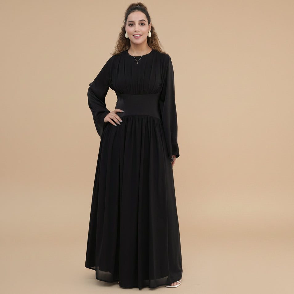 Muslim Women Double-layer Chiffon Waist Abaya Dress #261330