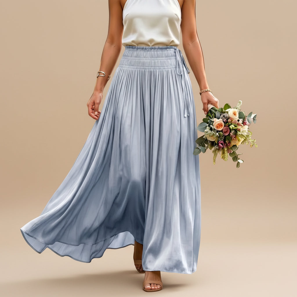 Silk Feeling Glossy Solid Color Maxi Skirt #26906