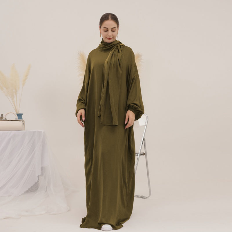 13 Color Options Solid Color Abaya Dress With Hijab Scarf One Piece