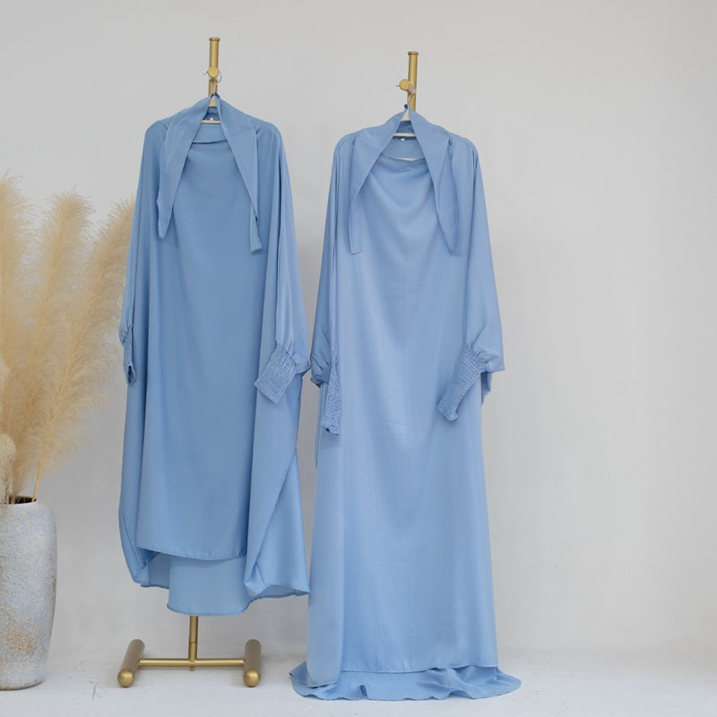 Muslim Women Mother And Daughter Girl Matching Satin Prayer Dress Overhead Jilbab Robe