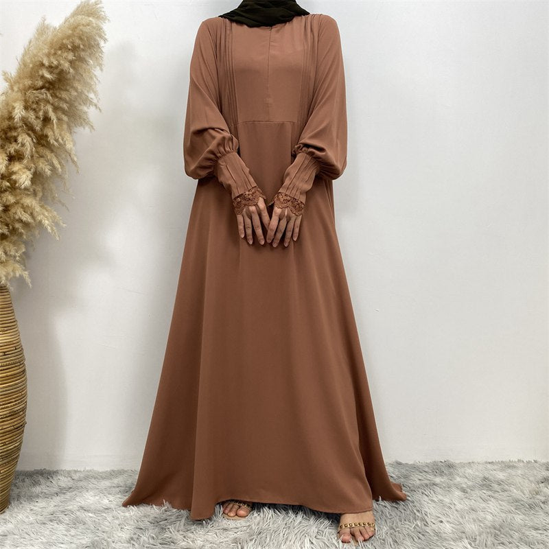 Front Zipper Lace Sleeve Muslim Women Abaya Dress