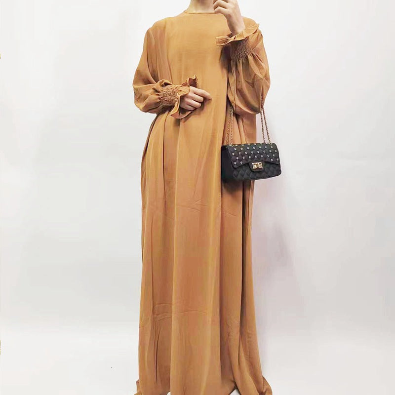 Muslim Women Flower Elastic Sleeve Solid Color Abaya Dress