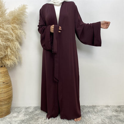 Broken Twil Fabric Muslim Women Open Abaya Dress With Pocket