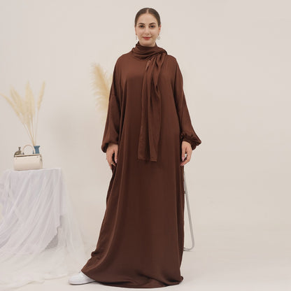 13 Color Options Muslim Women Solid Color Abaya Dress With Hijab Scarf One Piece
