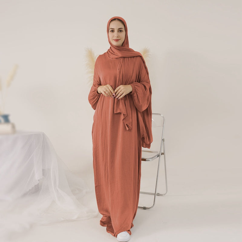 13 Color Options Solid Color Abaya Dress With Hijab Scarf One Piece