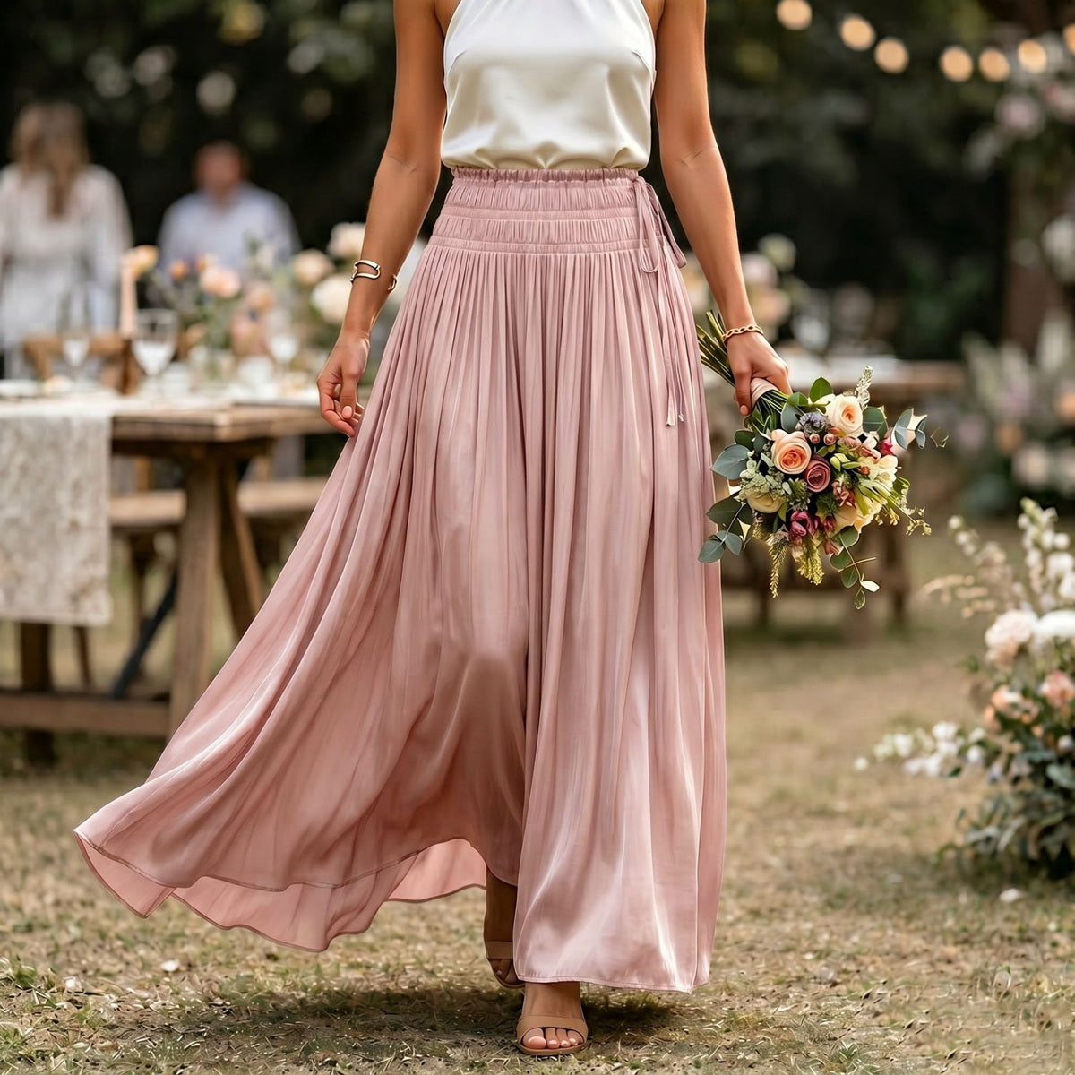 Silk Feeling Glossy Solid Color Maxi Skirt #26906