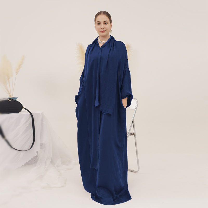 13 Color Options Solid Color Abaya Dress With Hijab Scarf One Piece