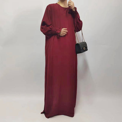 Muslim Women Flower Elastic Sleeve Solid Color Abaya Dress