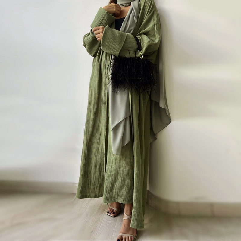 2 Pieces Set Muslim Women Cotton Cardigan Open Abaya Dress With Pant