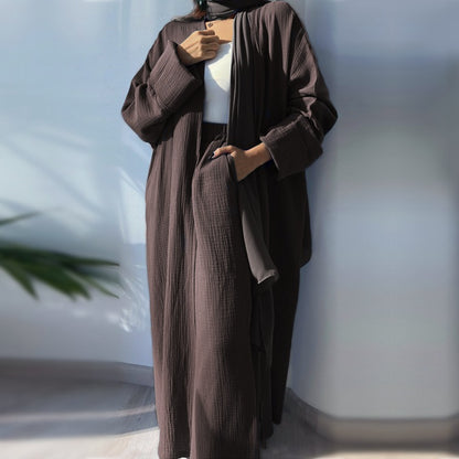 2 Pieces Set Muslim Women Cotton Cardigan Open Abaya Dress With Pant