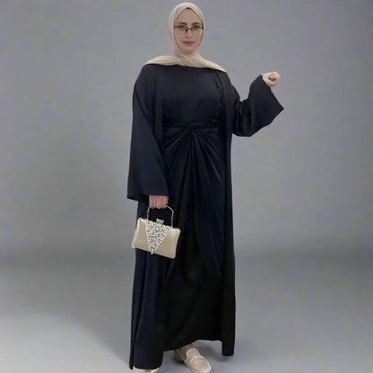 2 Pieces Set Solid Color Open Cardigan Abaya Dress Suit