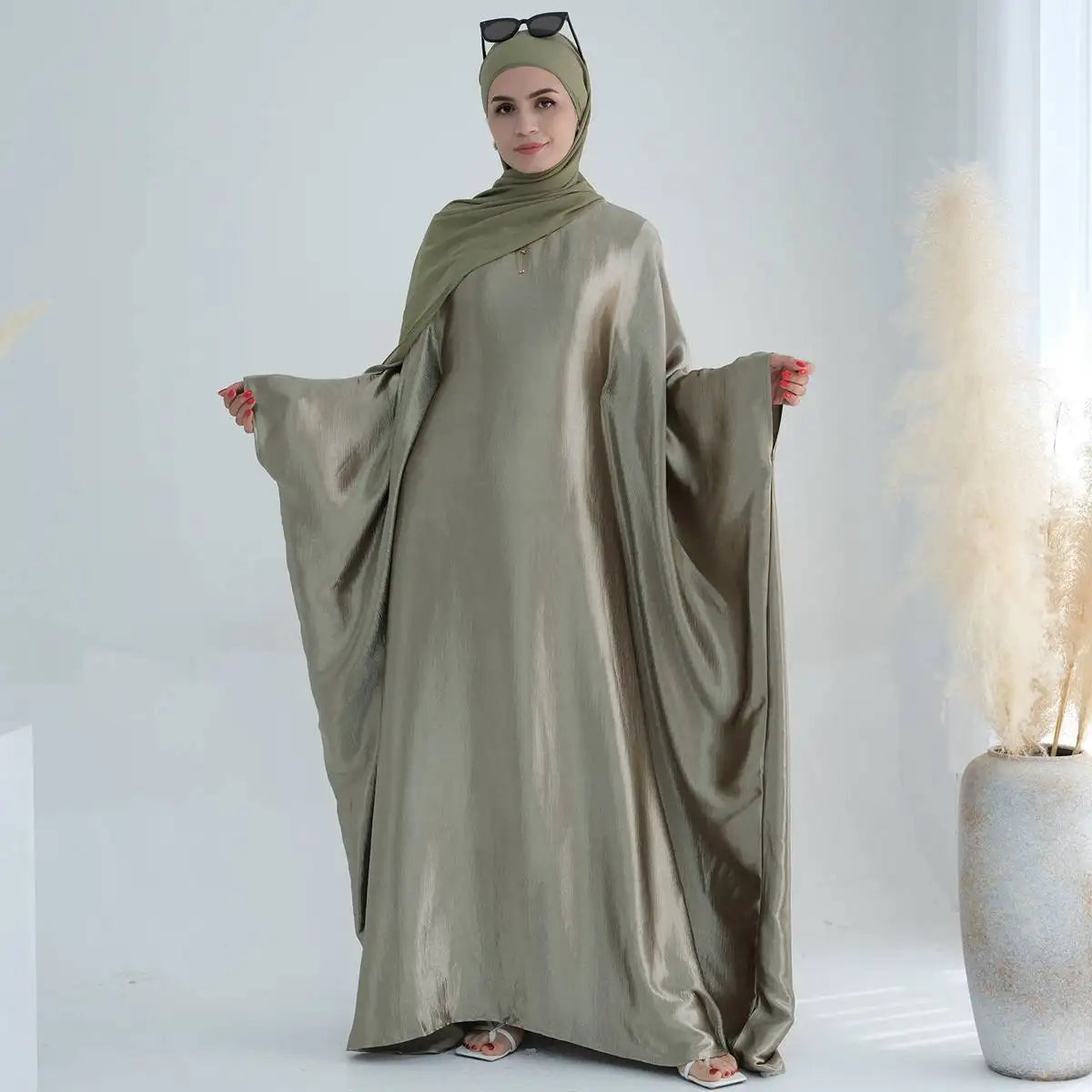 Wrinkle Satin Bright Muslim Women Farasha Abaya Dress