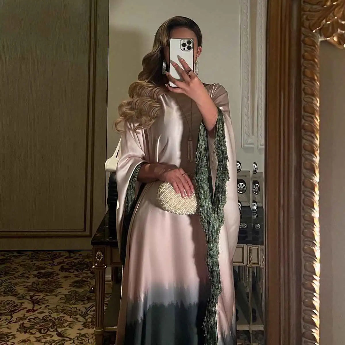 Tassel Sleeve Gradient Color Batwing Sleeve Farasha Abaya Dress