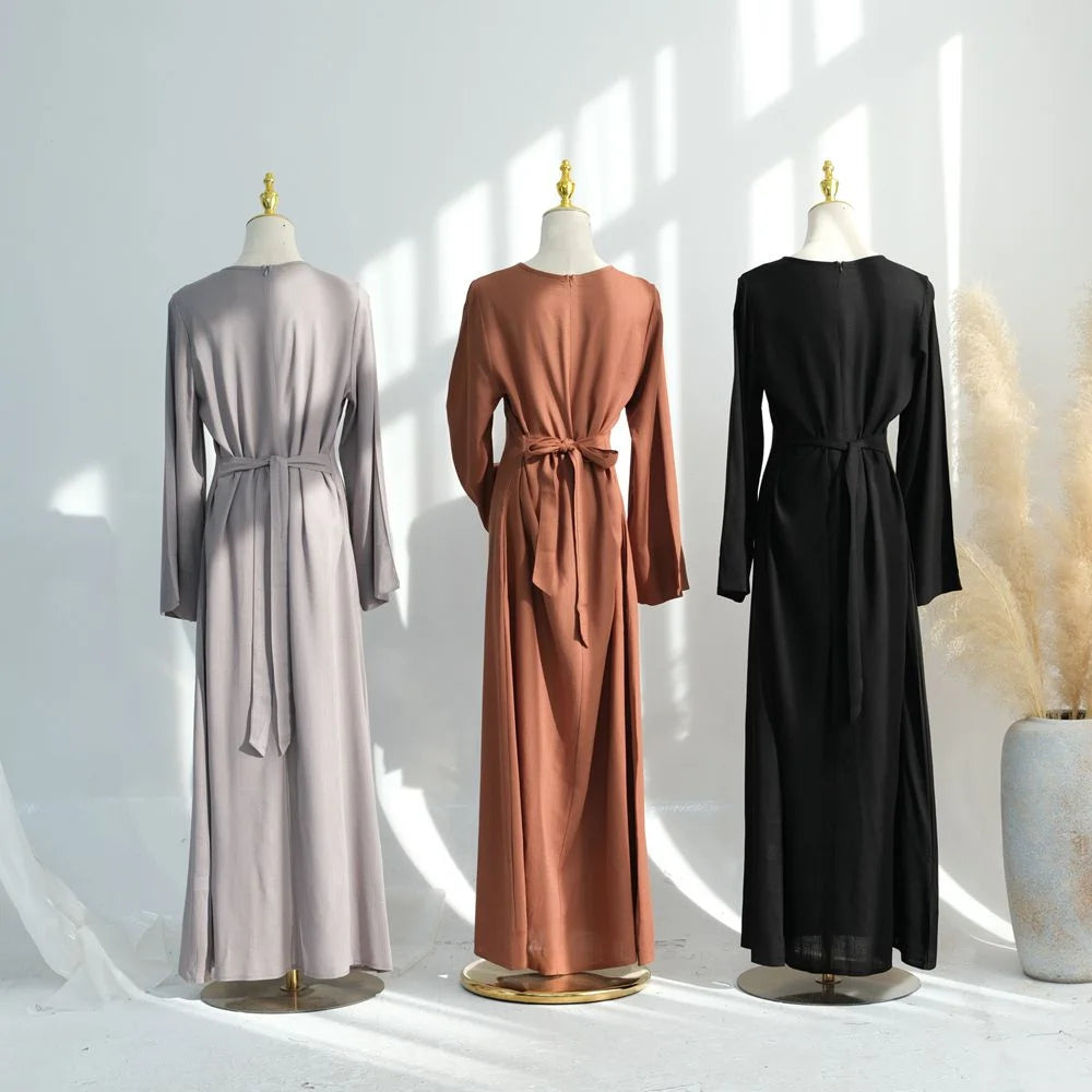 Adjustable Back Strap Linen Cotton Blended Abaya Dress #25948