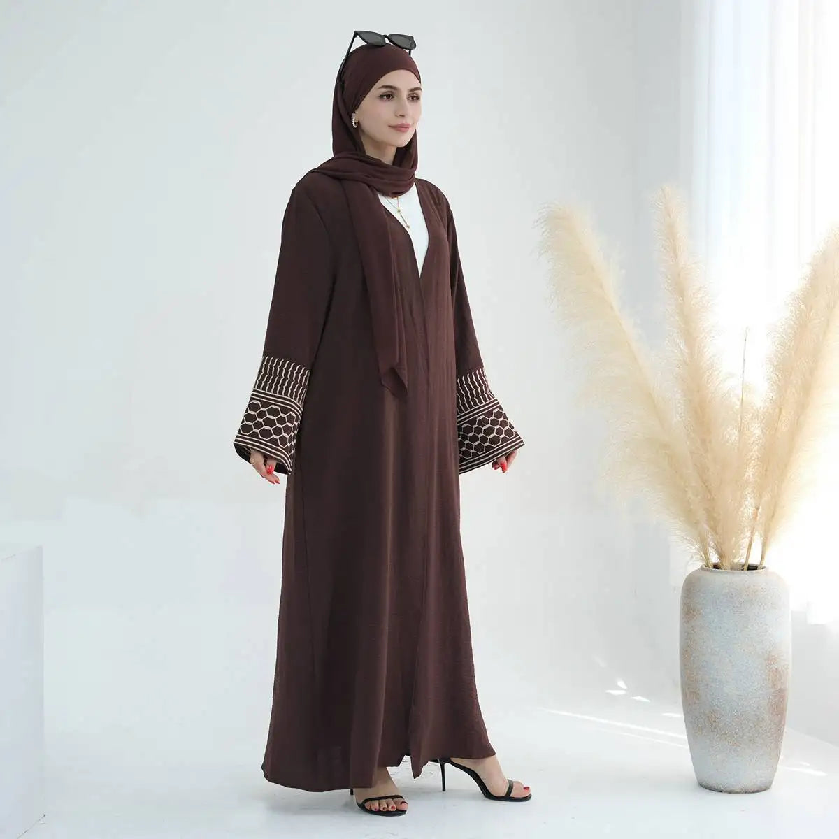 Embroidery Sleeve Muslim Women Cardigan Open Abaya Dress