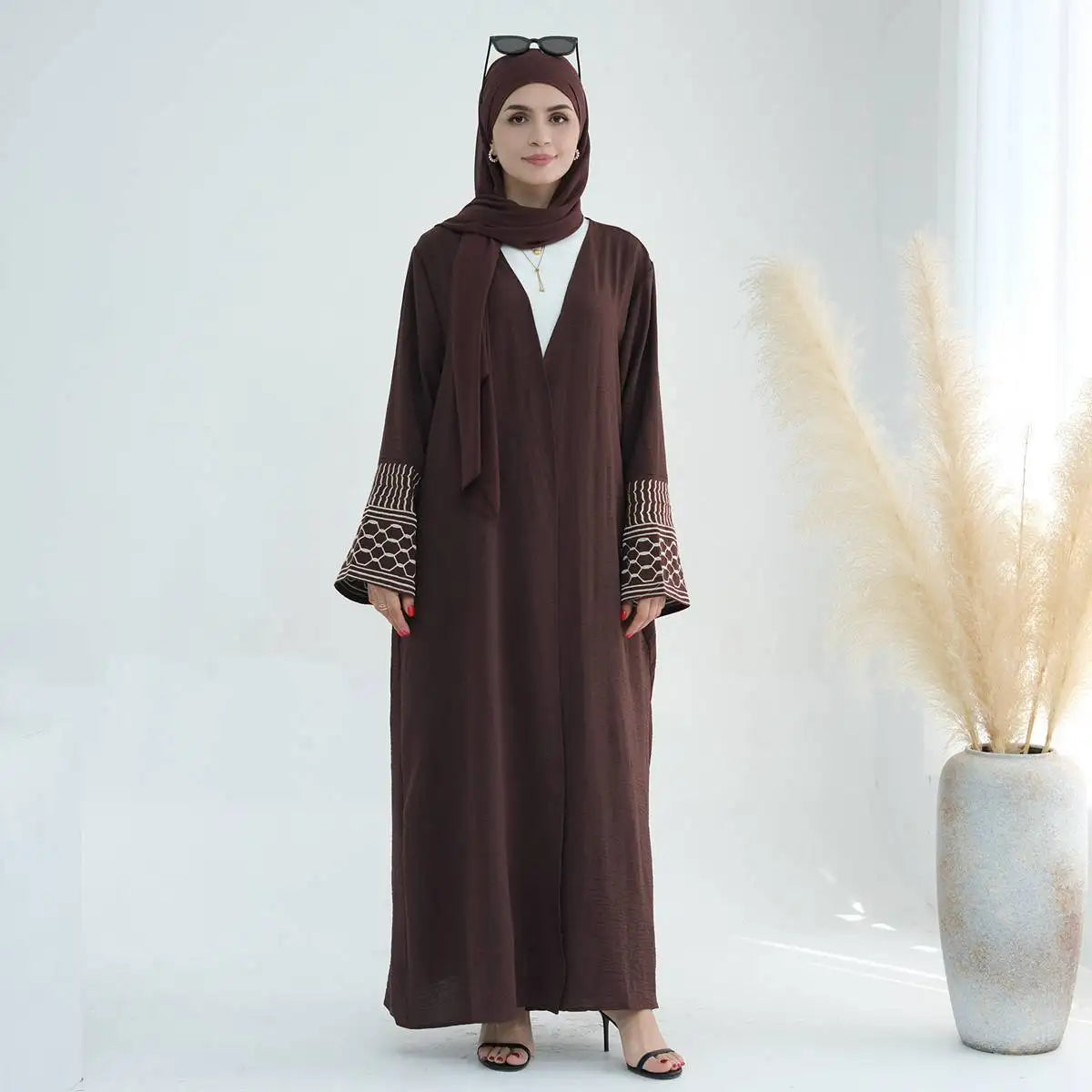 Embroidery Sleeve Muslim Women Cardigan Open Abaya Dress