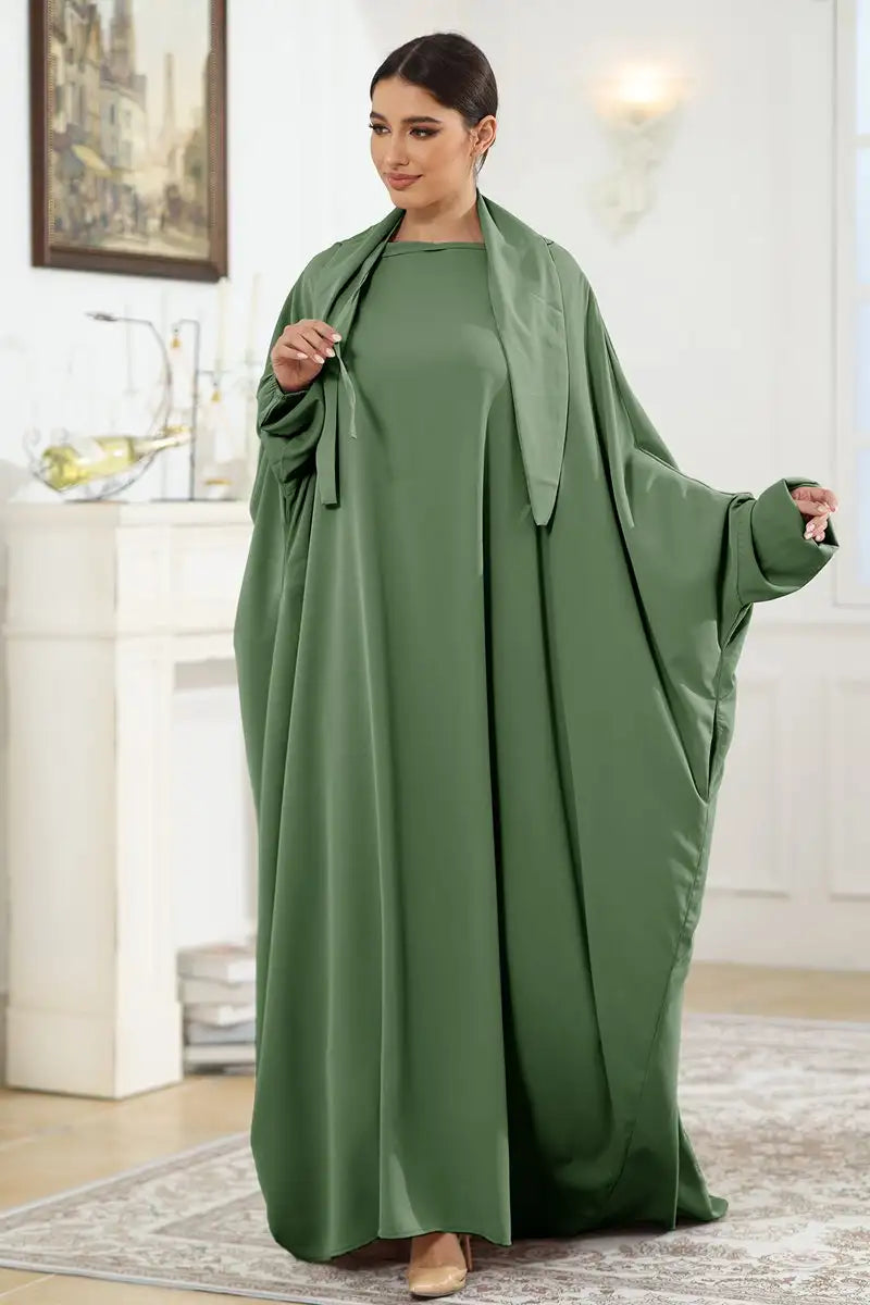 Satin Batwing Sleeve Muslim Women Farasha Abaya Dress