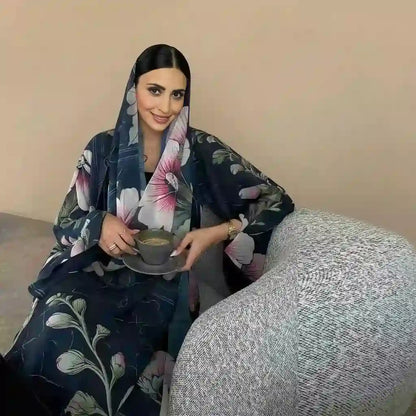 With Matching Hijab Muslim Women Printed Cardigan Open Abaya Dress #25239