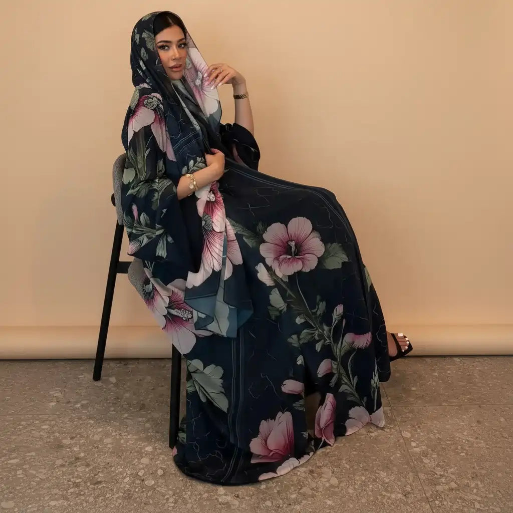 With Matching Hijab Muslim Women Printed Cardigan Open Abaya Dress #25239