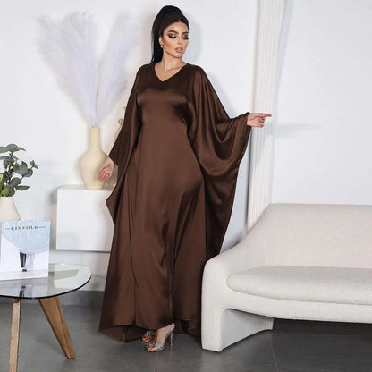 Coffee Satin Batwing Sleeve Farasha Abaya Dress