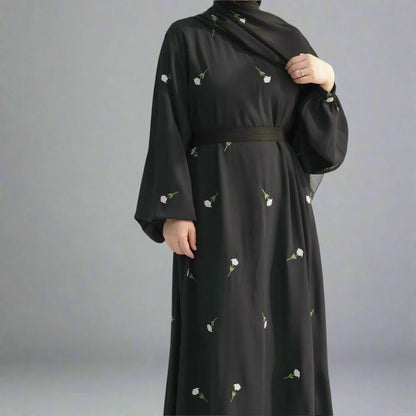 Flower Embroidery Nida Abaya Dress #25931