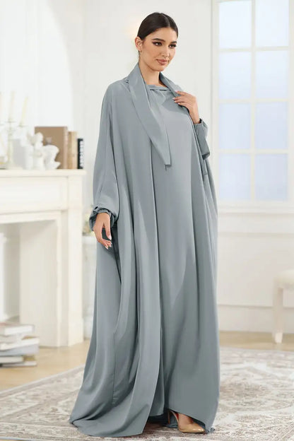 Satin Batwing Sleeve Muslim Women Farasha Abaya Dress