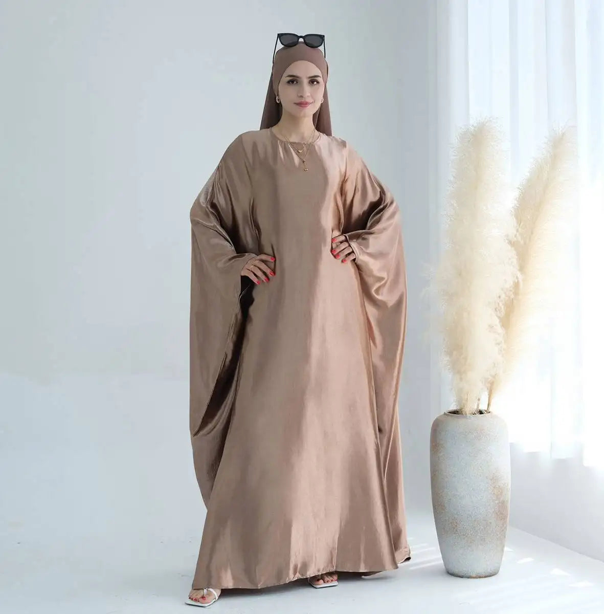 Wrinkle Satin Bright Muslim Women Farasha Abaya Dress