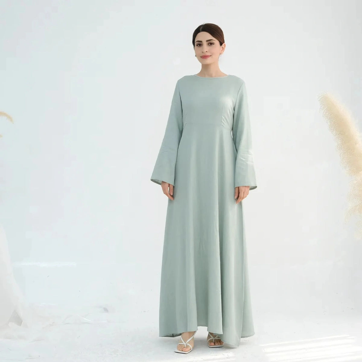 Muslim 2 Pieces Set Linen Cotton Blended Abaya Dress With Slip Dress And Belt #25947