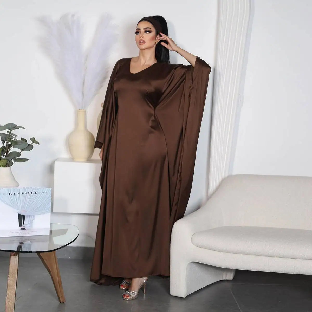 Coffee Satin Batwing Sleeve Farasha Abaya Dress