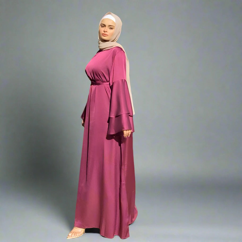 Muslim Solid Color Flare Sleeve Abaya Dress