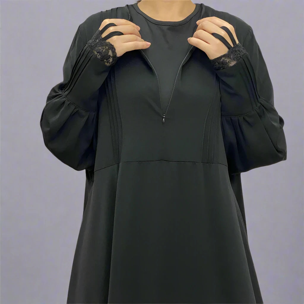 Front Zipper Lace Sleeve Muslim Women Abaya Dress